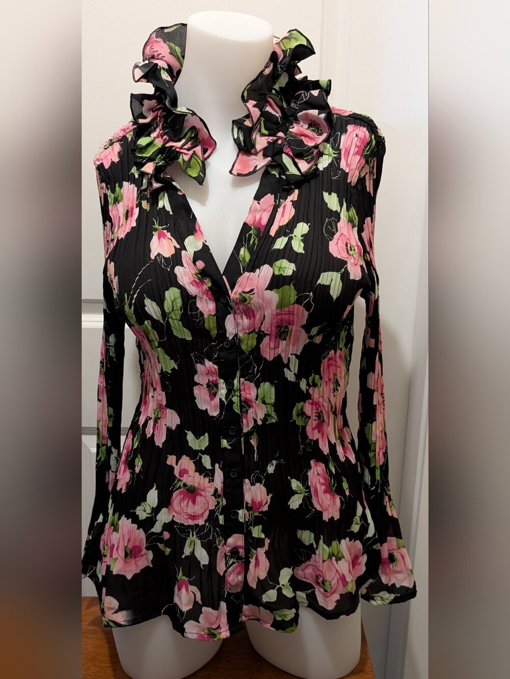 Floral Ruffle-Neck Long Sleeve Top - Black with Pink Floral